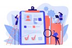 Recruiters and managers searching for candidate in huge CV for position. Recruitment agency, human resources service, recruitment network concept. Pink coral blue vector isolated illustration